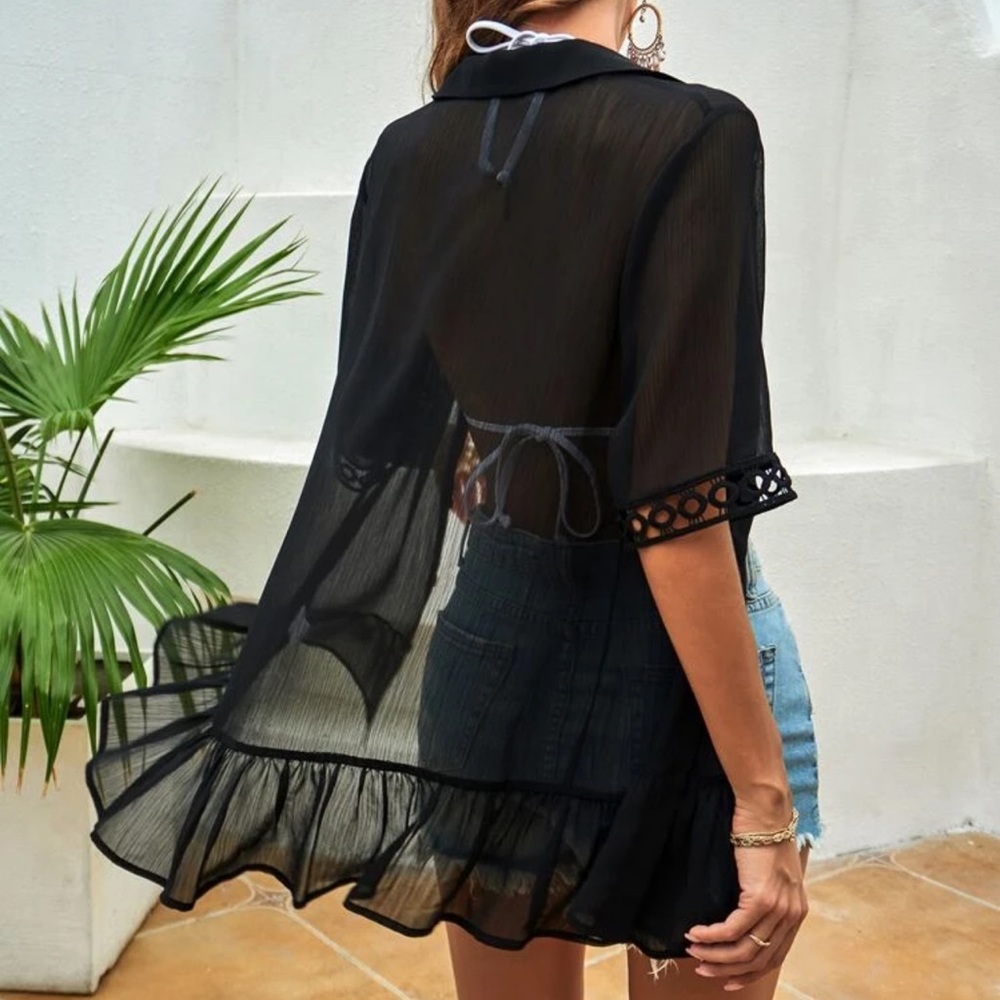 Lace Black Ruffle Hem Chiffon Kimono